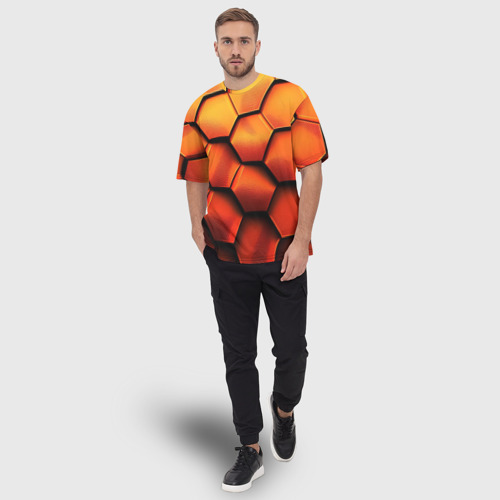 Мужская футболка oversize 3D Объемные оранжевые плиты-соты, цвет 3D печать - фото 5