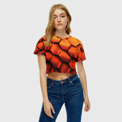 Женская футболка Crop-top 3D Объемные оранжевые плиты-соты, цвет 3D печать - фото 4