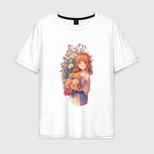 Мужская футболка хлопок Oversize с принтом Девушка в стиле аниме с цветами, вид спереди #2