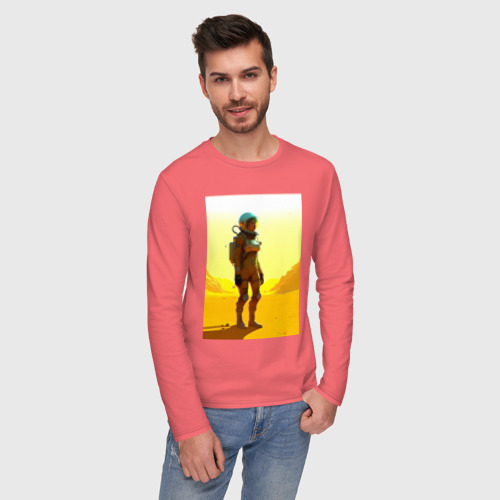 Мужской лонгслив хлопок Девушка-астронавт в пустыне - нейросеть, цвет коралловый - фото 3