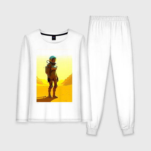 Женская пижама с лонгсливом хлопок Девушка-астронавт в пустыне - нейросеть, цвет белый