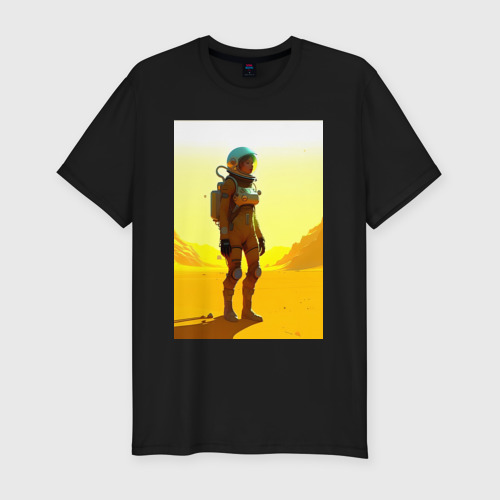 Мужская футболка хлопок Slim с принтом Девушка-астронавт в пустыне - нейросеть, вид спереди #2