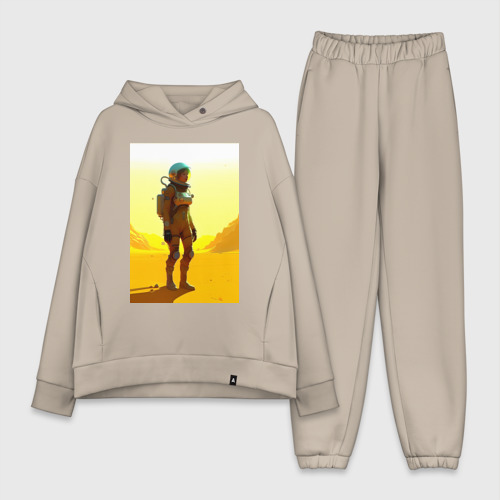 Женский костюм хлопок Oversize с принтом Девушка-астронавт в пустыне - нейросеть, вид спереди #2