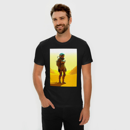 Мужская футболка хлопок Slim с принтом Девушка-астронавт в пустыне - нейросеть, фото на моделе #1