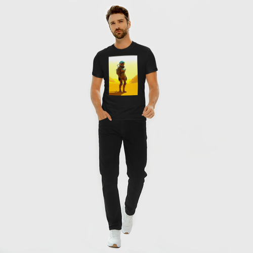 Мужская футболка хлопок Slim с принтом Девушка-астронавт в пустыне - нейросеть, вид сбоку #3