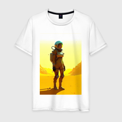Мужская футболка из хлопка с принтом Девушка-астронавт в пустыне - нейросеть, вид спереди №1