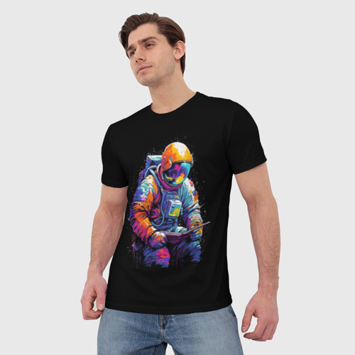 Мужская футболка 3D с принтом Читающий космонавт, фото на моделе #1