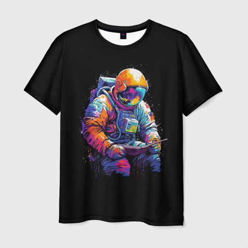Мужская футболка 3D с принтом Читающий космонавт, вид спереди #2