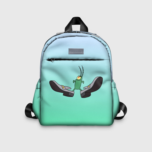 Детский рюкзак 3D с принтом Планктон в тягах бархатных - мем, вид спереди #2