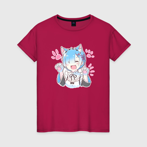 Женская футболка хлопок Рем кошечка - аниме ре Зеро, цвет маджента