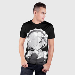 Мужская футболка 3D Slim Рем из ре Зеро - черно белый портрет - фото 2