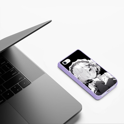 Чехол для iPhone 5/5S матовый Рем из ре Зеро - черно белый портрет, цвет светло-сиреневый - фото 5