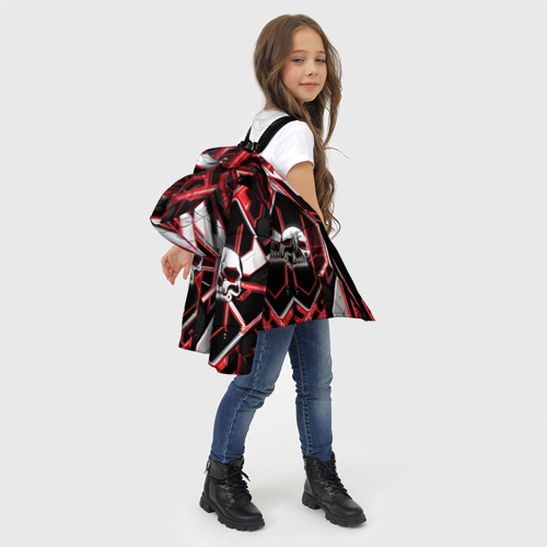 Зимняя куртка для девочек 3D с принтом Красные кибер черепа, фото #4