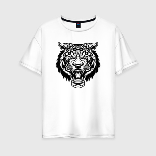 Женская футболка из хлопка оверсайз с принтом B&W - Разозленный тигр, вид спереди №1