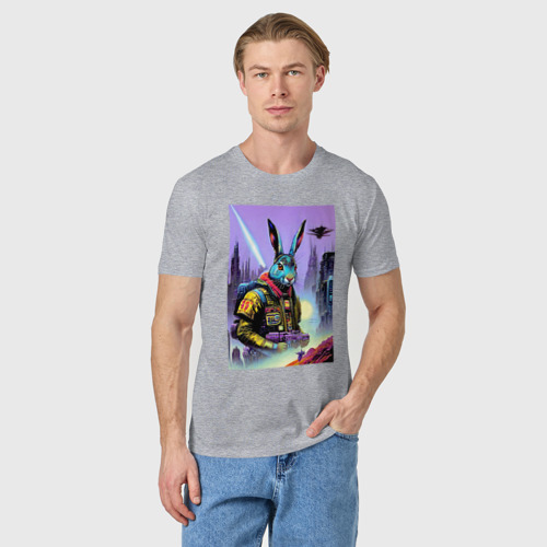 Мужская футболка хлопок с принтом Brave hare - Cyberpunk - neural network, фото на моделе #1