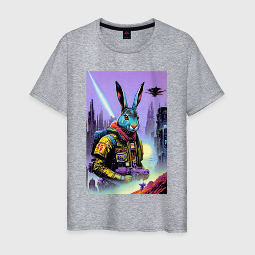 Мужская футболка хлопок с принтом Brave hare - Cyberpunk - neural network, вид спереди #2