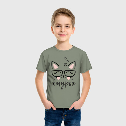 Детская футболка хлопок Кошка в очках мурь, цвет авокадо - фото 3