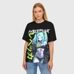 Женская футболка oversize 3D Киберпанк - ребекка с иероглифами - фото 2