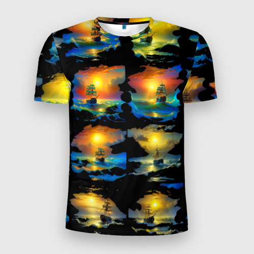 Мужская футболка 3D Slim с принтом Вечерние кораблики, вид спереди #2