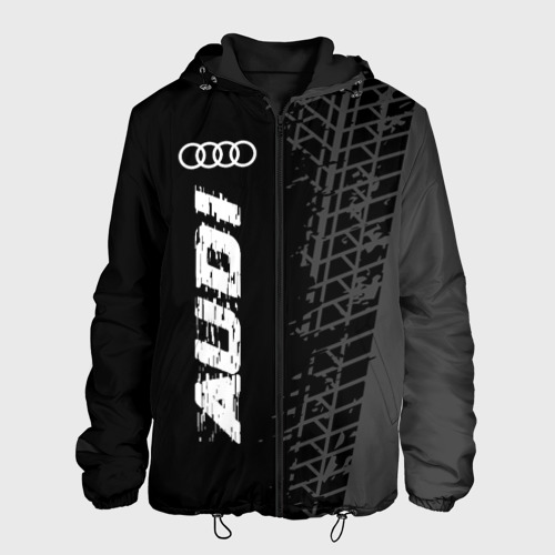 Мужская куртка 3D с принтом Audi speed на темном фоне со следами шин: по-вертикали, вид спереди #2