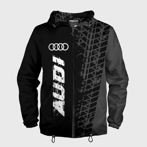 Мужская ветровка 3D Audi Speed на темном фоне со следами шин: по-вертикали, цвет черный
