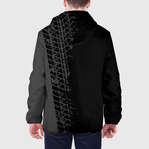 Мужская куртка 3D с принтом Audi speed на темном фоне со следами шин: по-вертикали, вид сзади #2