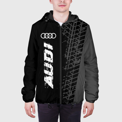 Мужская куртка 3D с принтом Audi speed на темном фоне со следами шин: по-вертикали, вид сбоку #3