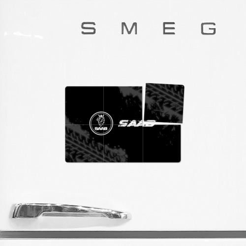 Магнитный плакат 3Х2 Saab Speed на темном фоне со следами шин: надпись и символ - фото 2