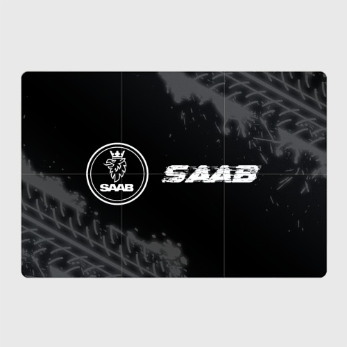 Магнитный плакат 3Х2 Saab Speed на темном фоне со следами шин: надпись и символ