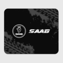 Прямоугольный коврик для мышки Saab Speed на темном фоне со следами шин: надпись и символ