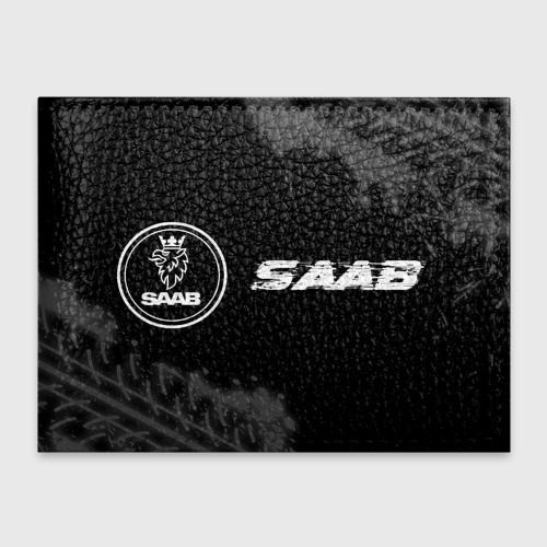 Обложка для студенческого билета Saab Speed на темном фоне со следами шин: надпись и символ