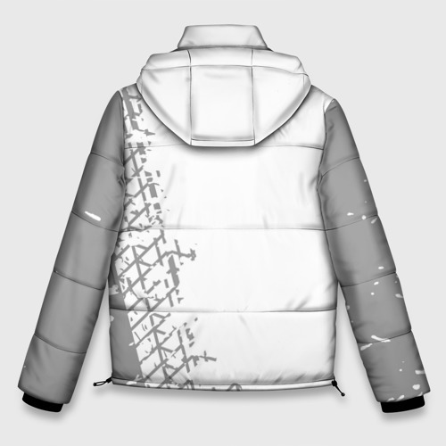 Мужская зимняя куртка 3D с принтом FAW speed на светлом фоне со следами шин: по-вертикали, вид сзади #1