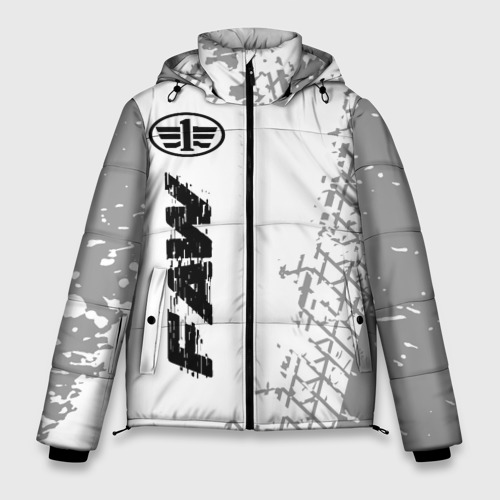 Мужская зимняя куртка 3D с принтом FAW speed на светлом фоне со следами шин: по-вертикали, вид спереди #2