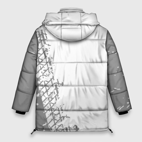 Женская зимняя куртка 3D с принтом FAW speed на светлом фоне со следами шин: по-вертикали, вид сзади #1