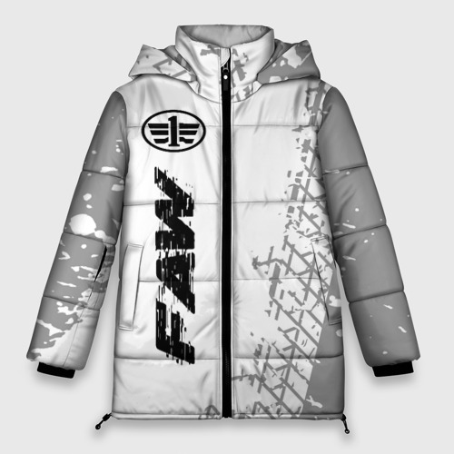 Женская зимняя куртка 3D с принтом FAW speed на светлом фоне со следами шин: по-вертикали, вид спереди #2