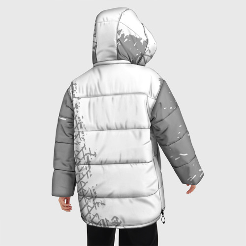 Женская зимняя куртка 3D с принтом FAW speed на светлом фоне со следами шин: по-вертикали, вид сзади #2