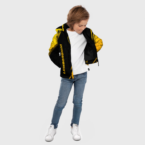 Зимняя куртка для мальчиков 3D с принтом Lamborghini - gold gradient: надпись, символ, вид сбоку #3