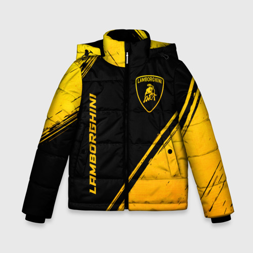 Зимняя куртка для мальчиков 3D с принтом Lamborghini - gold gradient: надпись, символ, вид спереди #2