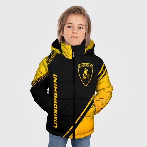 Зимняя куртка для мальчиков 3D с принтом Lamborghini - gold gradient: надпись, символ, фото на моделе #1