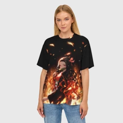 Женская футболка oversize 3D Незуко и пламя - Клинок - фото 2