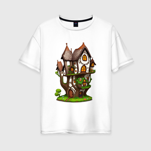 Женская футболка хлопок Oversize Многоэтажный сказочный домик, цвет белый