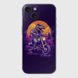 Чехол для iPhone 15 силиконовый с защитой камеры Динозавр на мотоцикле