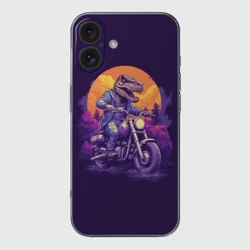 Чехол для iPhone 16 силиконовый с защитой камеры Динозавр на мотоцикле