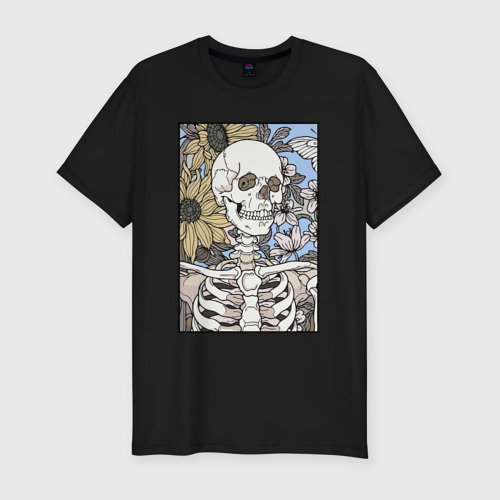 Мужская футболка хлопок Slim Скелет в подсолнухах, цвет черный