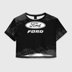 Женская футболка Crop-top 3D Ford Speed на темном фоне со следами шин