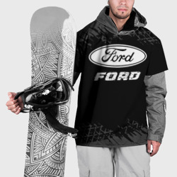 Накидка на куртку 3D Ford Speed на темном фоне со следами шин