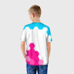 Футболка с принтом The Sims neon gradient style: надпись, символ для ребенка, вид на модели сзади №2. Цвет основы: белый