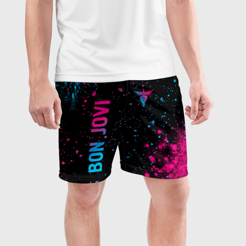 Мужские шорты спортивные Bon Jovi - neon gradient: надпись, символ, цвет 3D печать - фото 3