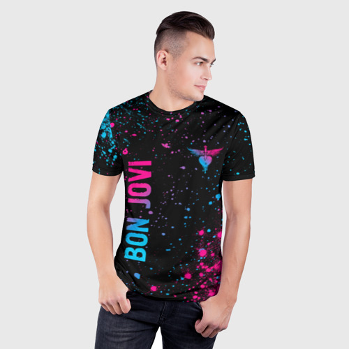 Мужская футболка 3D Slim Bon Jovi - neon gradient: надпись, символ, цвет 3D печать - фото 3
