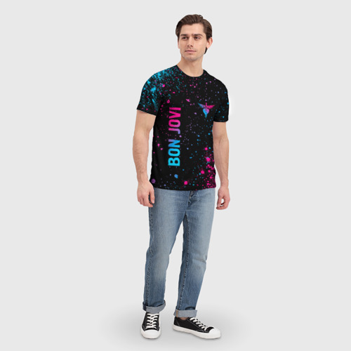 Мужская футболка 3D с принтом Bon Jovi - neon gradient: надпись, символ, вид сбоку #3